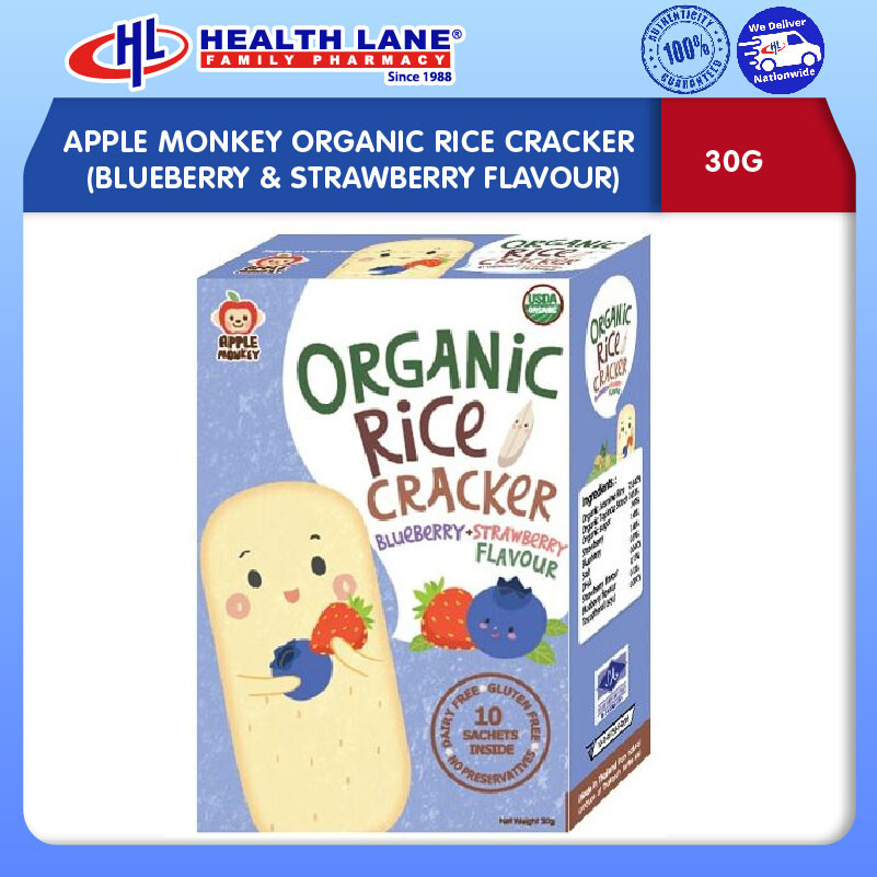 APPLE MONKEY ORGANIC BERAS  CRACKER (BLUEBERRY & STRAWBERI FLAVOUR, 30G)